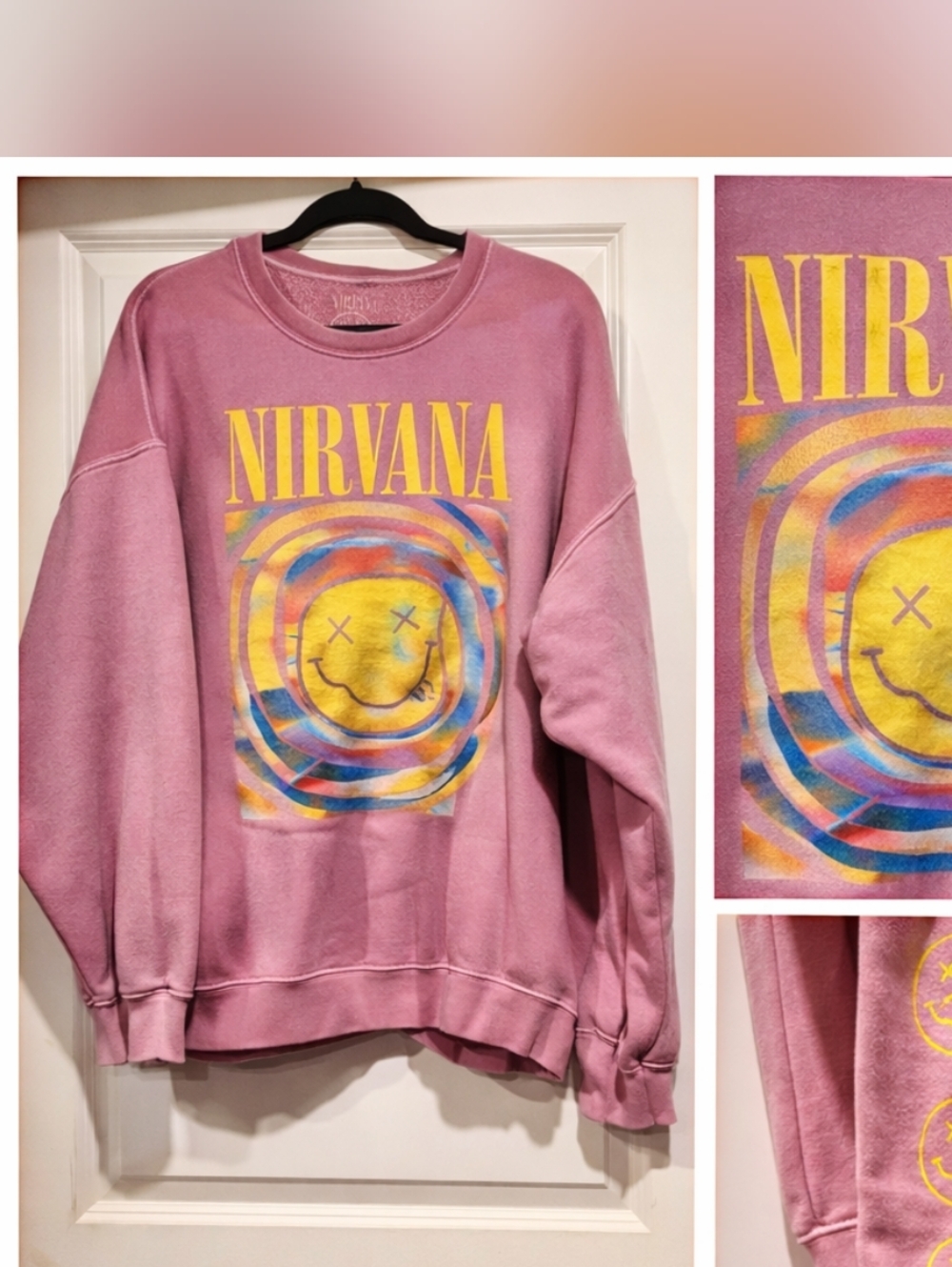 Nirvana Pink Graphic Sweatshirt Smiley Face Band Crewneck Women’s Size Medium